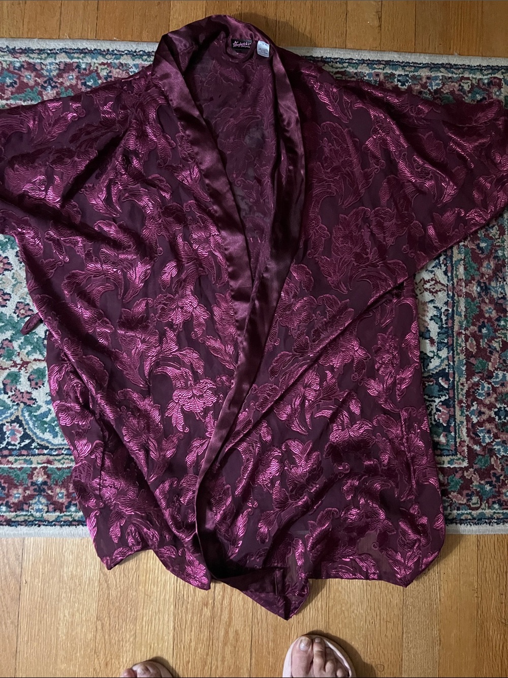 Frederick's of Hollywood Burgundy Floral Satin Robe missing tie